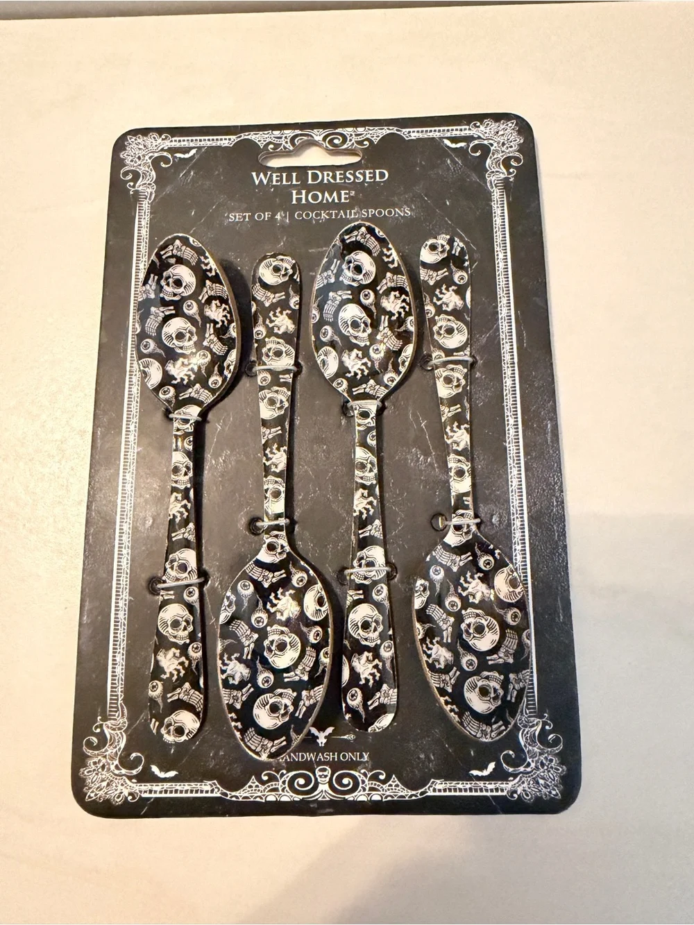 Well Dressed Home Set of 4 Skull Cocktail Spoons Black White Gothic Goth NEW